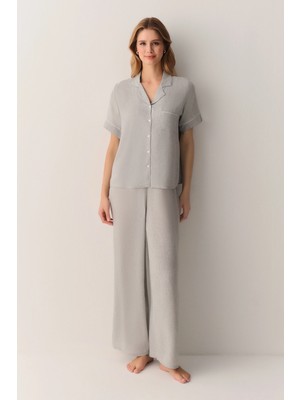 Suwen Grey Melange Ivy Shirt Collar Pajama Set