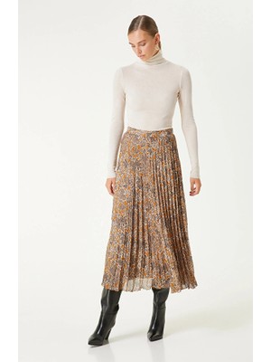Network Khaki Pleated Patterned Midi Skirt