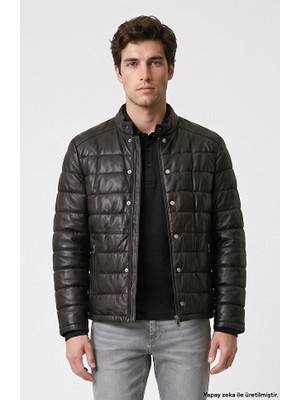 Network Brown Stand Collar Leather Jacket