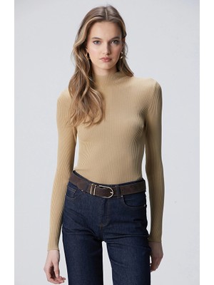 Network Camel Fine Rib Knit Rayon Basic Sweater