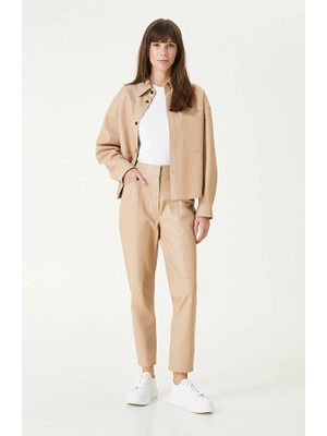 Network Beige Cut Detail Leather Trousers