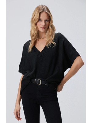 Network Black V-Neck Short Sleeve Knit Sweater