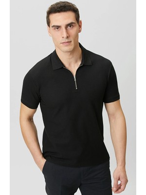 Network Slim Fit Black Polo Collar Jacquard Pique T-Shirt