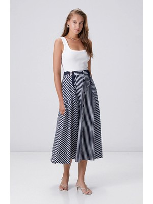 Network Navy Off-White Striped Midi Skirt