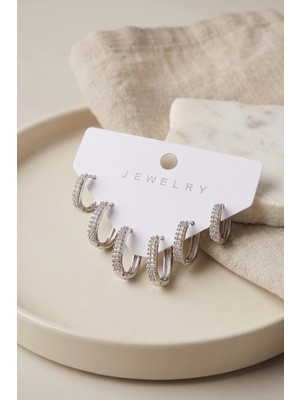 Inure Jewelry Gümüş Renk Zirkon Taşlı Pirinç Oval Kare Model Kadın Küpe Seti