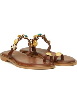 Network Brown Buckle Detail Women's Leather Slippers
