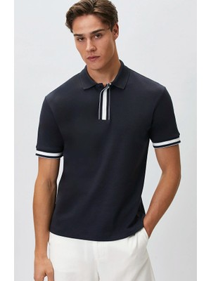 Network Navy Hidden Placket Polo Collar Trimmed T-Shirt