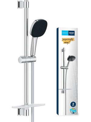 Die Grup Grohe Vitalio Comfort 110 Sürgülü Duş Seti (Sabunluklu) 110 mm Kare 2 Akışlı (Yağmur &amp; Jet) El Duşu, 600 mm Sürgülü Ray, 1750 mm Duş Hortumu, 3 Barda Max. 13.5l/dk, Duş Başlığı Seti, Krom, 2692900