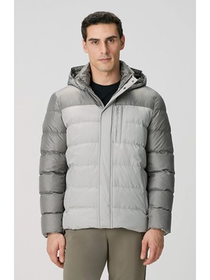 Network Grey Hooded Channel-Quilted Casual Coat
