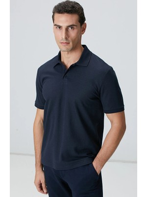 Network Navy Polo Collar Buttoned Jacquard T-Shirt