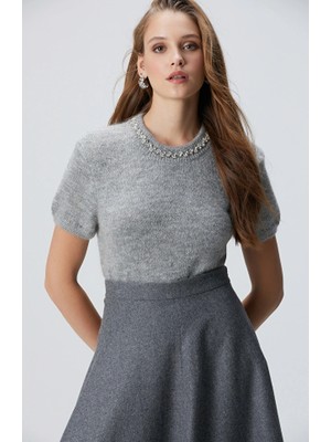 Network Grey Melange Stone Embellished Collar Sweater