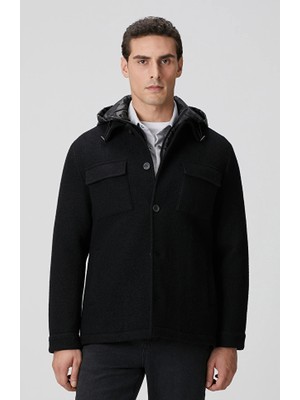 Network Black Wool Casual Coat With Detachable Bib