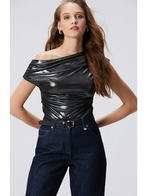 Network Anthracite Shiny Draped Knit Blouse