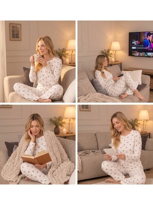 Lila Kadın Pamuklu Kalp Desenli Uzun Kollu Pijama Takımı - Rahat Kalıp Kalp Desenli Kalpli
