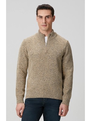 Network Beige Patterned Zip Stand Collar Sweater