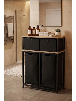 Die Grup Miyuhome Metal Kızaklı Çamaşır Sepeti 2 Adet Saklama Kutulu 2X40 Lt Kirli Sepeti Büyük Boy Raflı Kirli Sepeti Siyah 60 x 100
