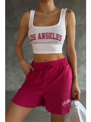New Boudoir Fuşya Beyaz Şort Crop Kadın Alt Üst Takım