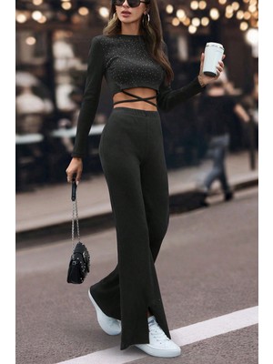 New Boudoir Taş Baskılı Siyah Pamuklu Crop Bluz Pantolon Kadın Takım