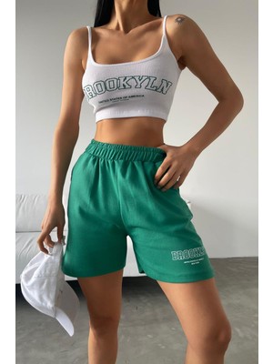 New Boudoir Yeşil Beyaz Şort Askılı Crop Kadın Alt Üst Takım