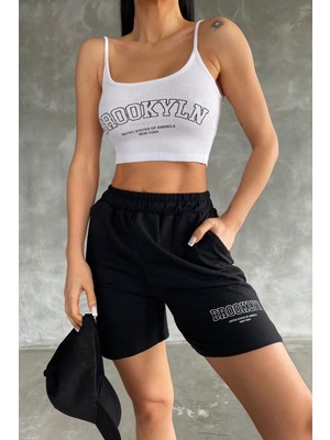 New Boudoir Siyah Beyaz Şort Askılı Crop Kadın Alt Üst Takım