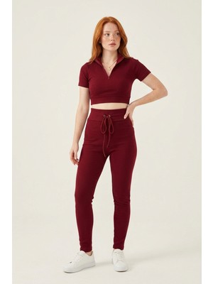 New Boudoir Fermuarlı Bordo Kaşkorse Crop Bluz Pantolon Takım