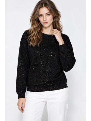 Mevese Yaldız Baskılı Zincirli ve Fularlı Kadın Oversize Modal Sweatshirt - Siyah