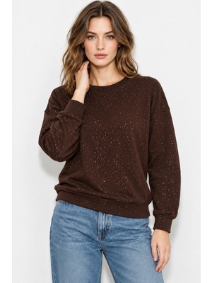 Mevese Yaldız Baskılı Zincirli ve Fularlı Kadın Oversize Modal Sweatshirt  - Acı Kahve
