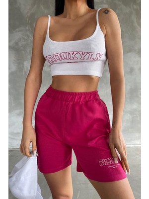 New Boudoir Fuşya Beyaz Şort Askılı Crop Kadın Alt Üst Takım