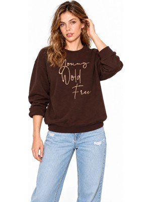 Mevese Kadın Parlak Taş Baskılı Salaş Kesim Üç Iplik Sweatshirt  - Acı Kahve