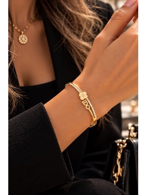Adata Jewelry Çelik Fiore Zirkon Taşlı Luxury Kelepçe Bileklik Gold