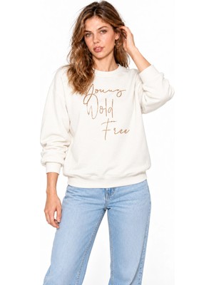 Mevese Kadın Parlak Taş Baskılı Salaş Kesim Üç Iplik Sweatshirt  - Beyaz