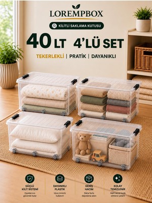 Lorempbox 40 L Tekerlekli Kilitli Saklama Kutusu 4’lü Set – Şeffaf, Istiflenebilir, Çok Amaçlı Düzenleme Kutusu