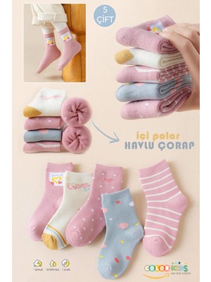 Color Socks 5 Çift Puantiyeli Desenli Kız Çocuk Içi Polarlı Kışlık Çorap