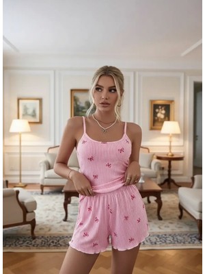 Hobilinka Premium Kadın Ince Askılı Pijama Takımı Pembe Şortlu Pijama