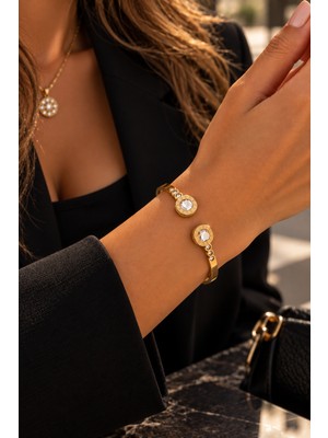 Adata Jewelry Çelik Bianca Zirkon Taşlı Luxury Kelepçe Bileklik Gold
