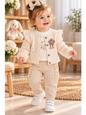 Gültekin Bebe Kardelya Dantelli Hırkalı Kız Üçlü Takım 9-24 Aylık -DÜ1903408 - Bej