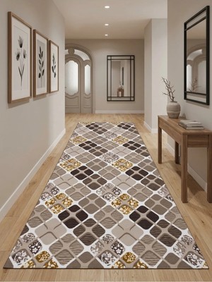 Nesrin Modern Geometrik Kare Desenli Kahve Bej Koridor Yolluğu Kaymaz Taban Yıkanabilir Mutfak Halısı