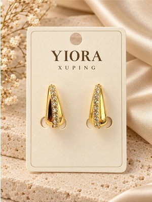 Yiora Xuping Ithal Premium Seri 14K Gold Renk Tek Sıra Zirkon Taşlı Damla Form Halka Kilit Küpe