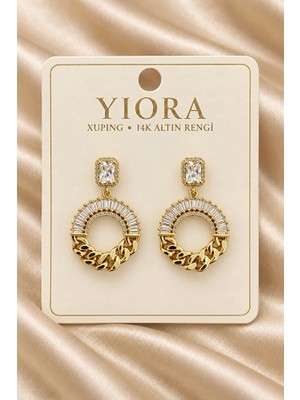 Yiora Xuping 14K Altın Rengi Baget Zirkon Taşlı Zincir Detaylı Sallantılı Çivi Kadın Küpe