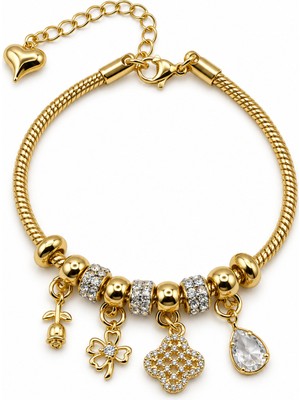 Stelle Jewelry Charm Detaylı Çelik Bileklik Taşlı Yonca Damla ve Çiçek Figürlü Altın Renk 15+5 cm Kadın Bileklik