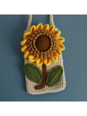 Ayçiçeği Motif Detaylı Handmade Örgü Telefon Çantası % 100 Cotton Trend Kadın El Çantası