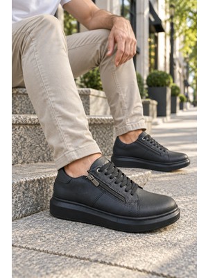 Mevese Roirraw Bağcıklı ve Fermuarlı Cilt Erkek Günlük Sneaker Ayakkabı - Siyah