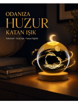Efnaz Style Yunus Temalı Kristal Küre USB Işıklı Ahşap Altlıklı Gece Lambası