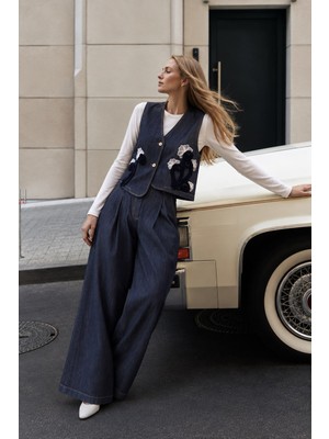 Lêvi D'or Pileli Bol Paça Denim Pantolon Mavi