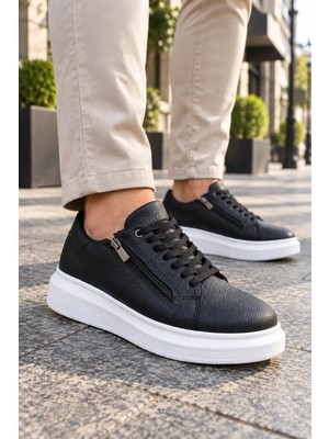 Mevese Roirraw Bağcıklı ve Fermuarlı Cilt Erkek Günlük Sneaker Ayakkabı - Siyah Beyaz