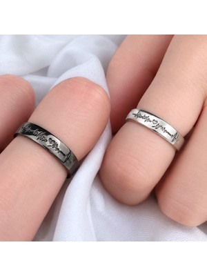 Ayen Accessories Çelik Sevgili Yüzüğü Çift Yüzük Ayarlanabilir 2’li Set Gümüş Füme Renk Kalp Nabız Ekg Tasarımlı Sevgili Yüzüğü