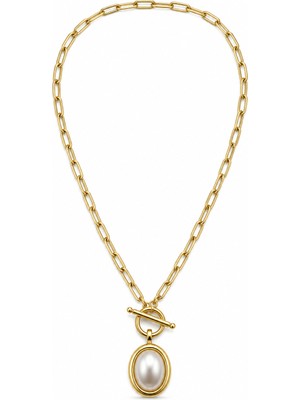 Stelle Jewelry Inci Görünümlü Oval Uçlu Çelik Kolye Gold Renk T Bar Detaylı 40 cm Kadın Kolye
