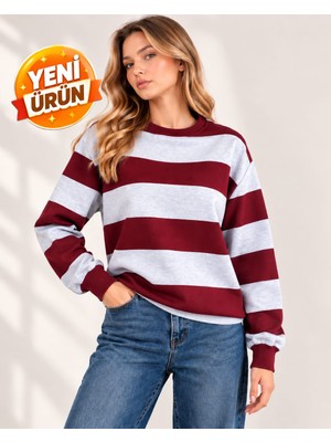 Evra Yeni Sezon %100 Pamuk Oversize Çizgili Bisiklet Yaka Kadın Sweatshirt – Yumuşak Dokulu Rahat Kalıp