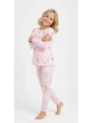 Isobel Ideal Sepet- Yeni Sezon Pembe Gökkuşağı Desenli %100 Pamuk Kız Çocuk Pijama Takımı 8-13
