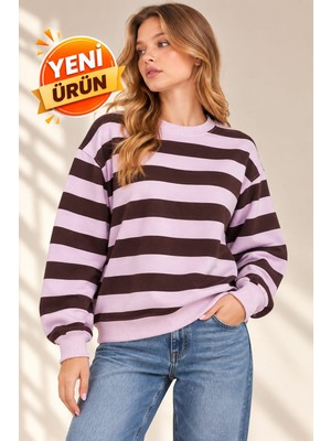 Evra Yeni Sezon %100 Pamuk Oversize Çizgili Bisiklet Yaka Kadın Sweatshirt – Yumuşak Dokulu Rahat Kalıp